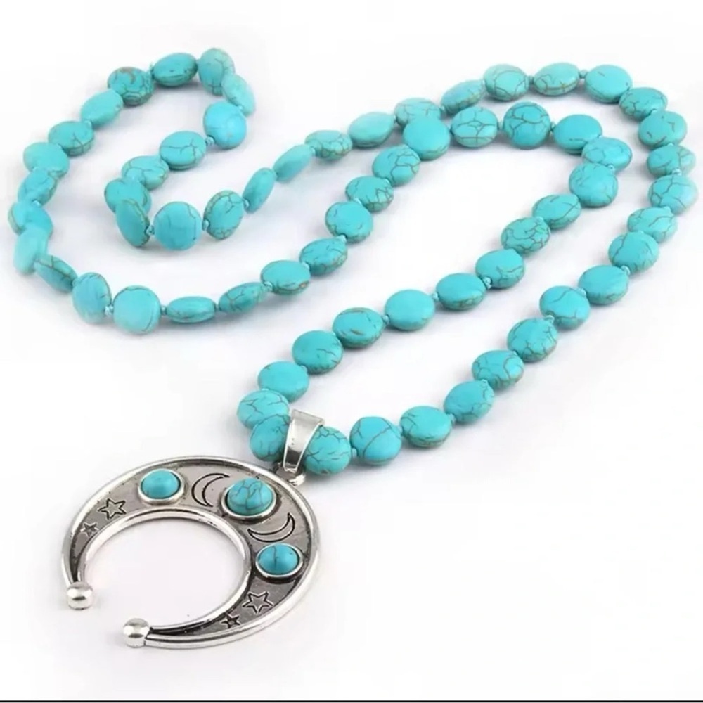 Anthropologie Turquoise Moon Natural Stone Beads Bohemian Western Necklace - Picture 3 of 8